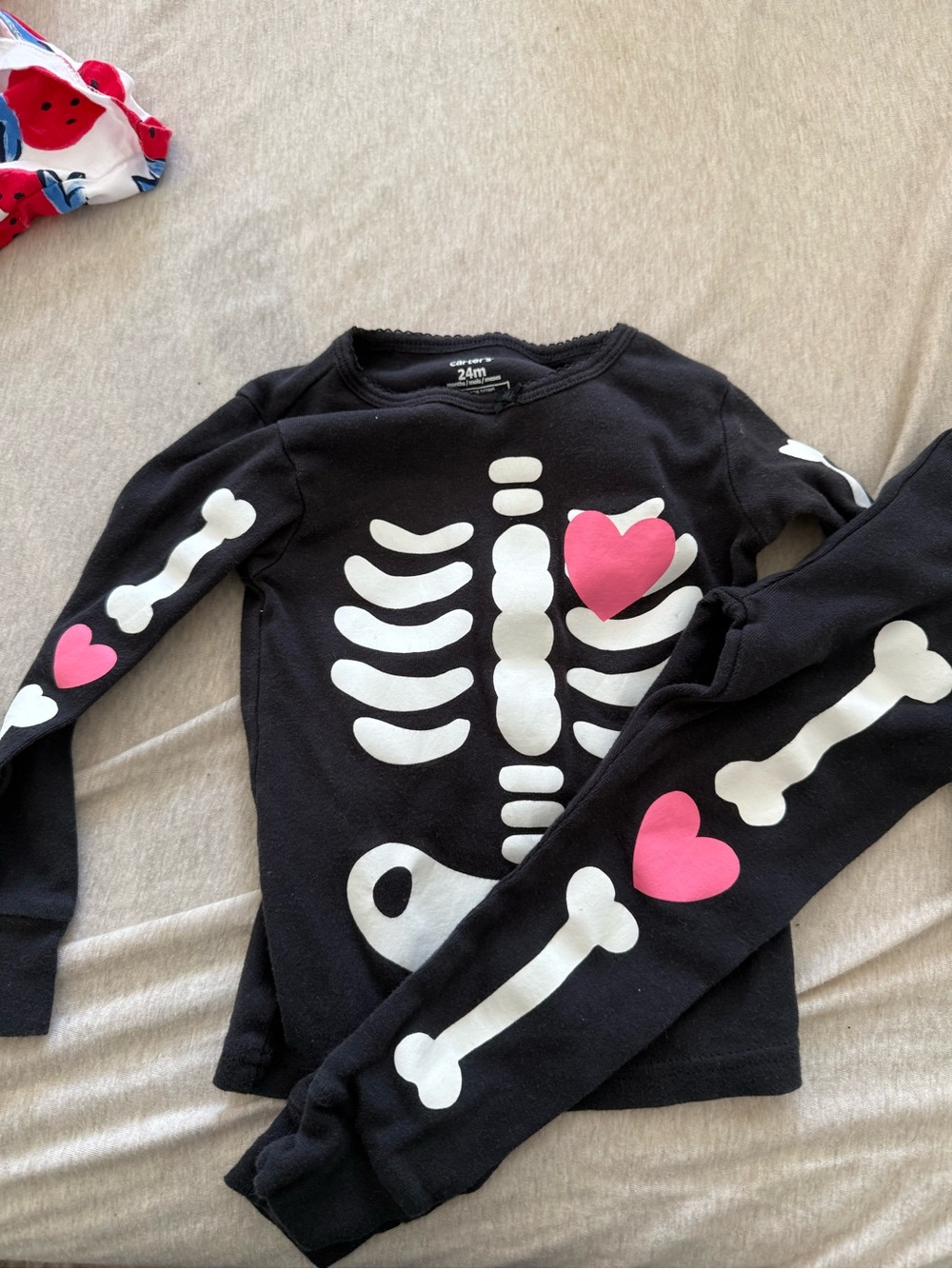 Carter's Black Skeleton Pajama Set with White Bones and Pink Hearts
